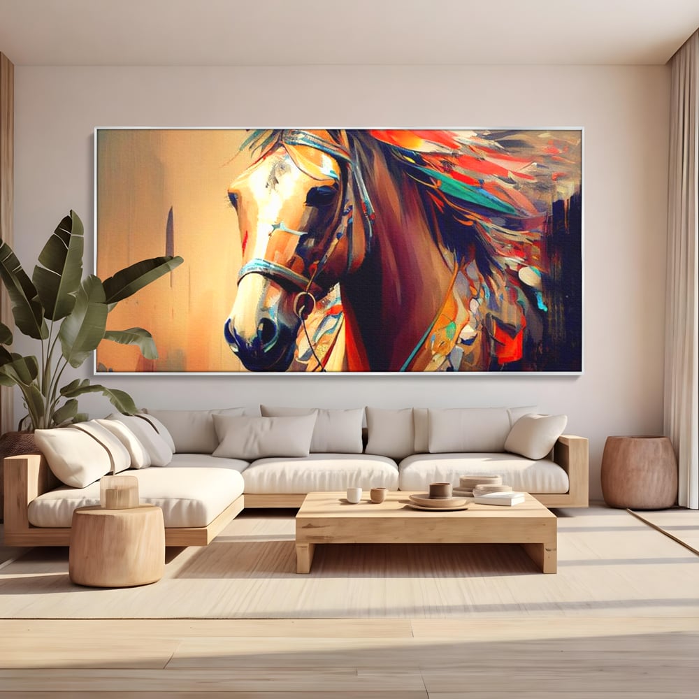 Tablou canvas cu tablou canvas cu cap de cal pictat, in rama de aluminiu argintiu, pe perete intr-un living